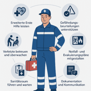Die Aufgaben von Betriebssanitätern sind vielfältig. Neben der Durchführung der erweiterten Ersten Hilfe unterstützen sie bei Gefährdungsbeurteilungen und beraten z.B. zur Hygiene im Betrieb.