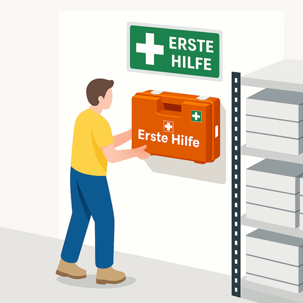 Mitarbeiter nimmt Erste-Hilfe-Material im Betrieb aus dem Verbandkasten an der Wand