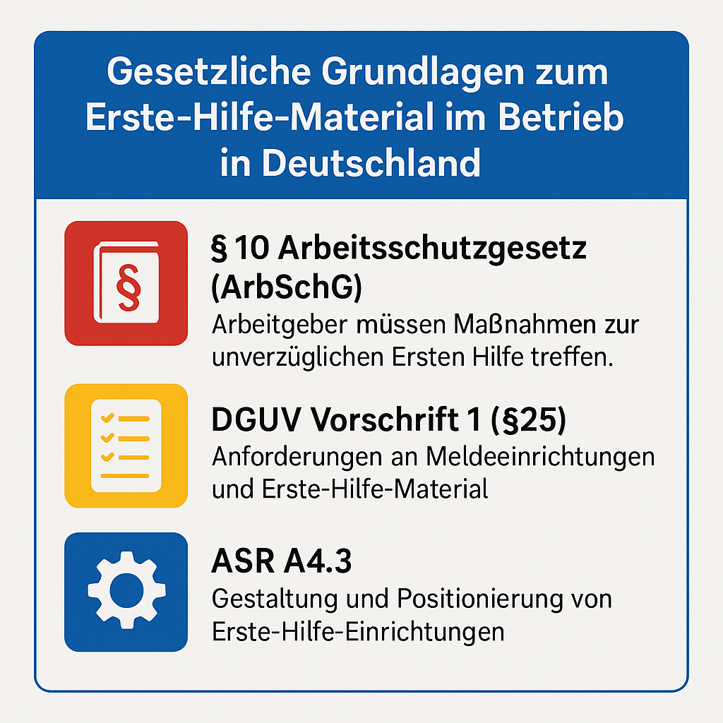 Wichtigste gesetzliche Regelungen zur Vorhaltung von Erste-Hilfe-Ausrüstung im Betrieb (Verbandkästen, Meldeeinrichtungen, etc.)